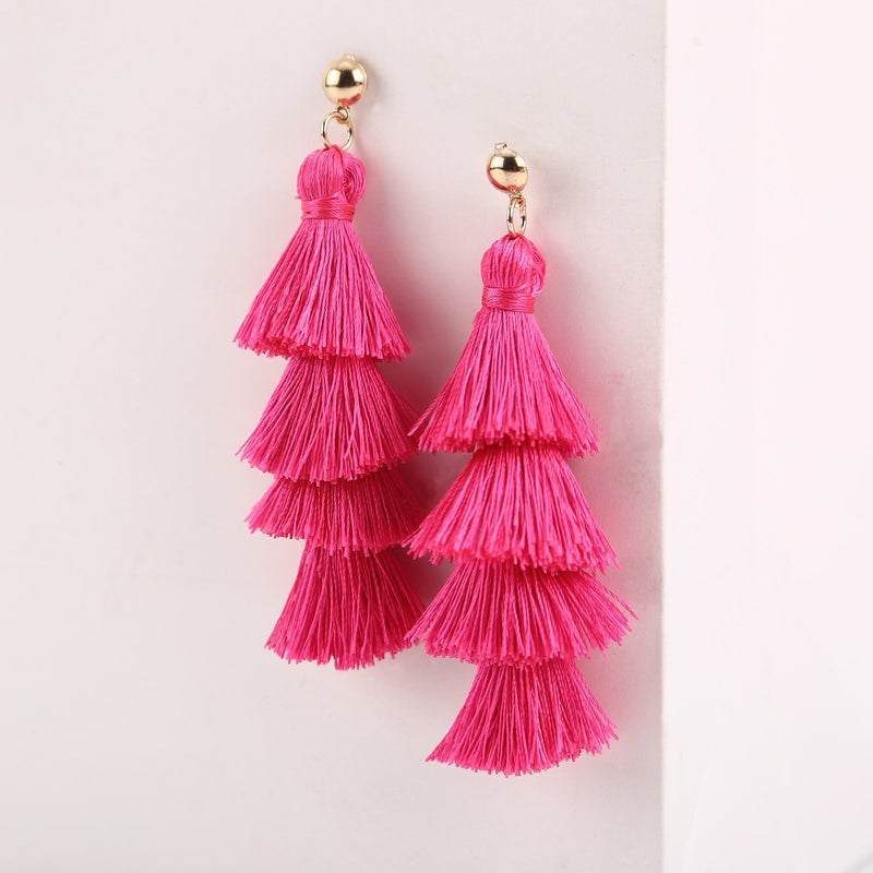 BaubleStar Fashion Tassel Dangle Earrings for Women Layered Long Bonita Tiered Thread Tassel Rose Red Drop Statement Jewelry - Image 4